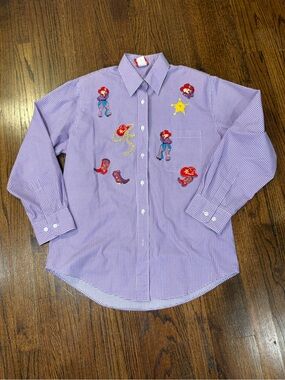 Purple Checkered Women’s Boutique Button-Up Shirt with Western Patch Details